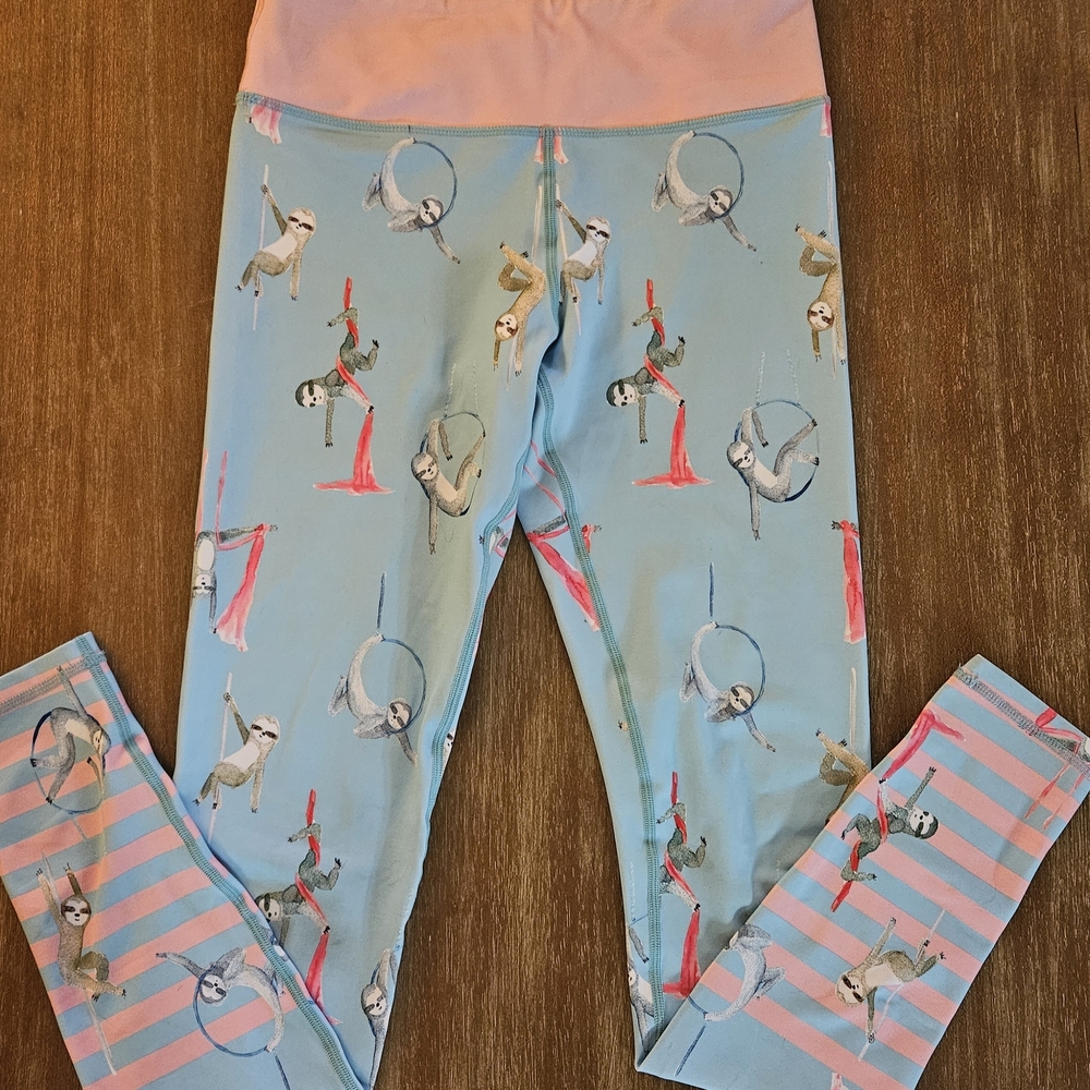 Womens Light Blue Pink Sloth Leggings Aerial Pants Sloth Lyra Silks Pole Small